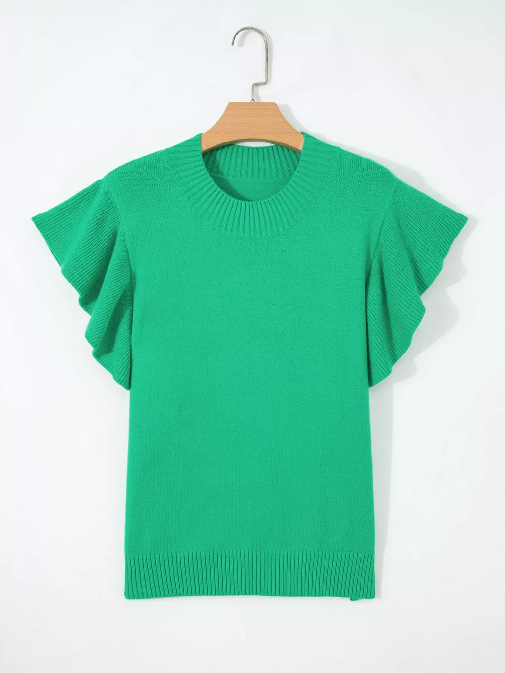 Blue Ribbed Knit Short Sleeve Sweater with Ruffle Trim