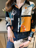 Women's Eclectic Abstract Print Long Sleeve Button-Up Blouse