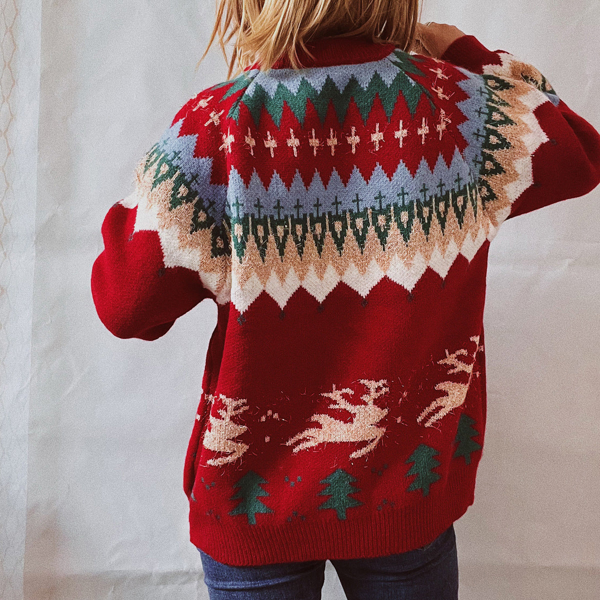 Women's Christmas Reindeer and Tree Pattern Long Sleeve Sweater