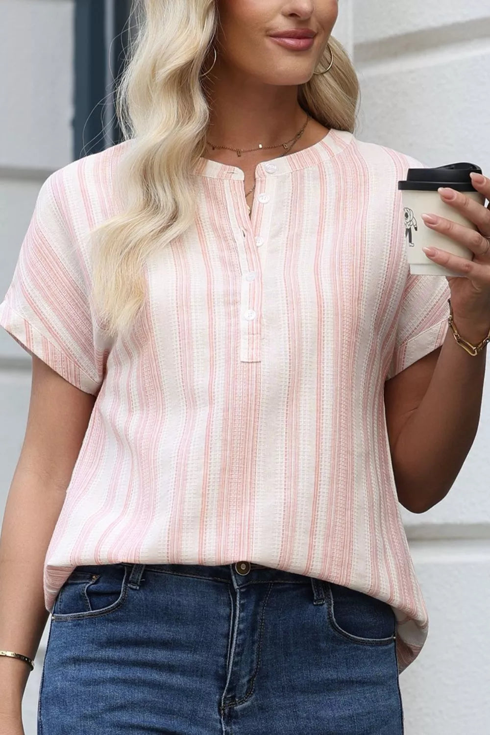 Women Striped Button Detail Short Sleeve Blouse Casual Shirt