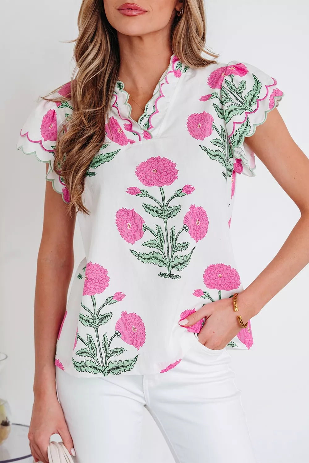 Floral Scallop Trim V Neck Blouse White Pink Green