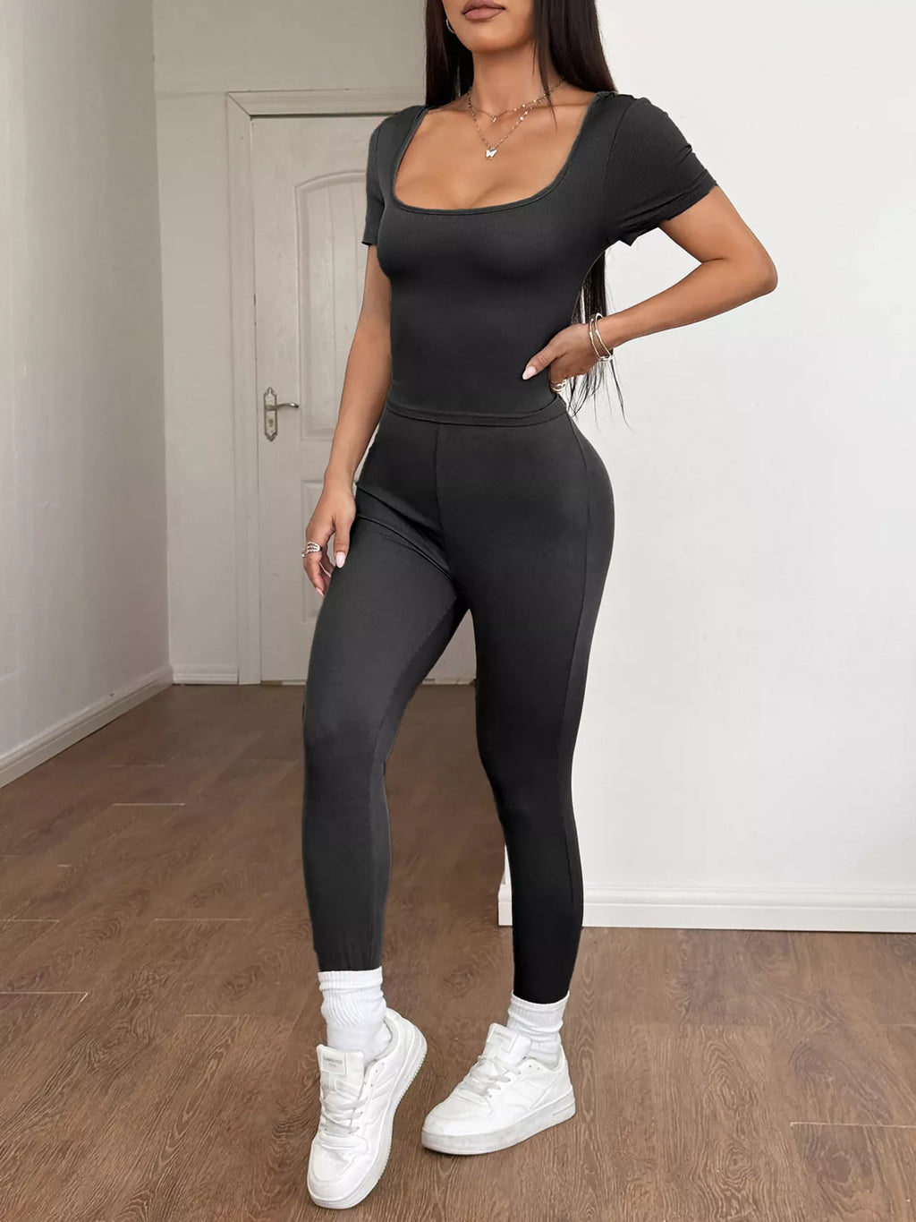 Women's Black Ribbed Short Sleeve Top & Leggings Lounge Set