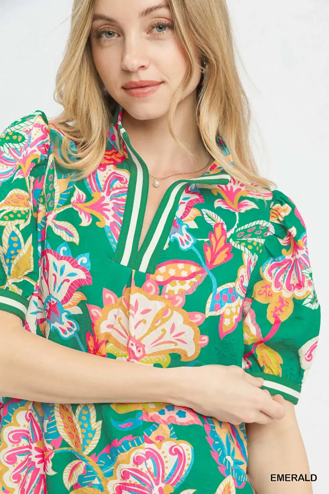 Emerald Jacquard Paisley Puff Sleeve Mini Tunic Dress
