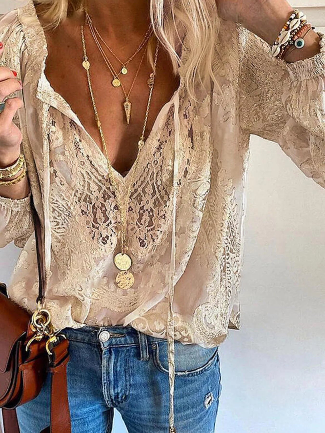 Women's Sheer Lace Tie-Neck Long Sleeve Blouse Casual Top