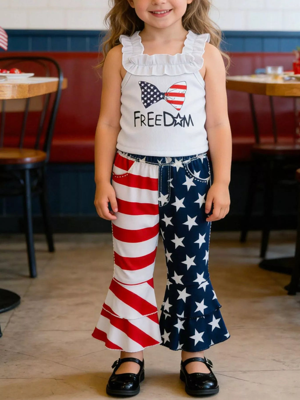 Girls Patriotic Freedom Ruffle Tank and Bell Bottom Pants Set