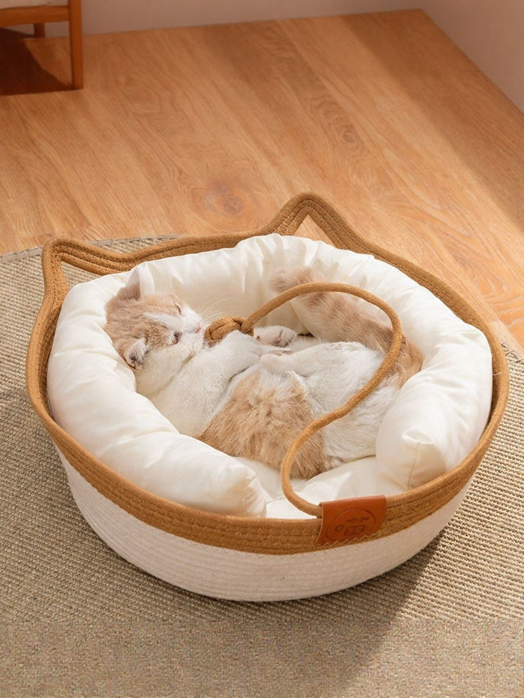 Woven Cotton Cord Cat Ear Pet Bed Cozy Semi-Enclosed Nest