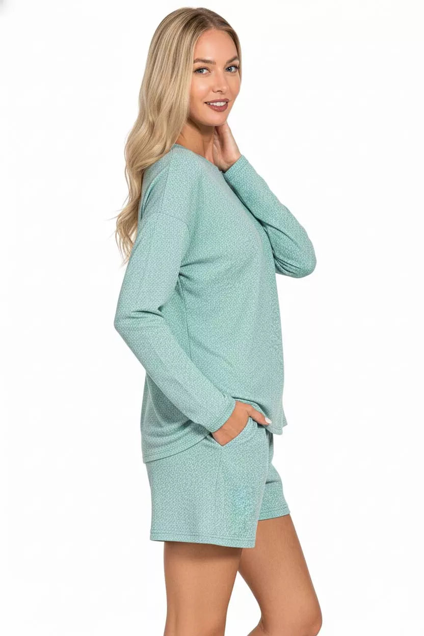 Zenana Soft Melange Long Sleeve Tee & Shorts Set