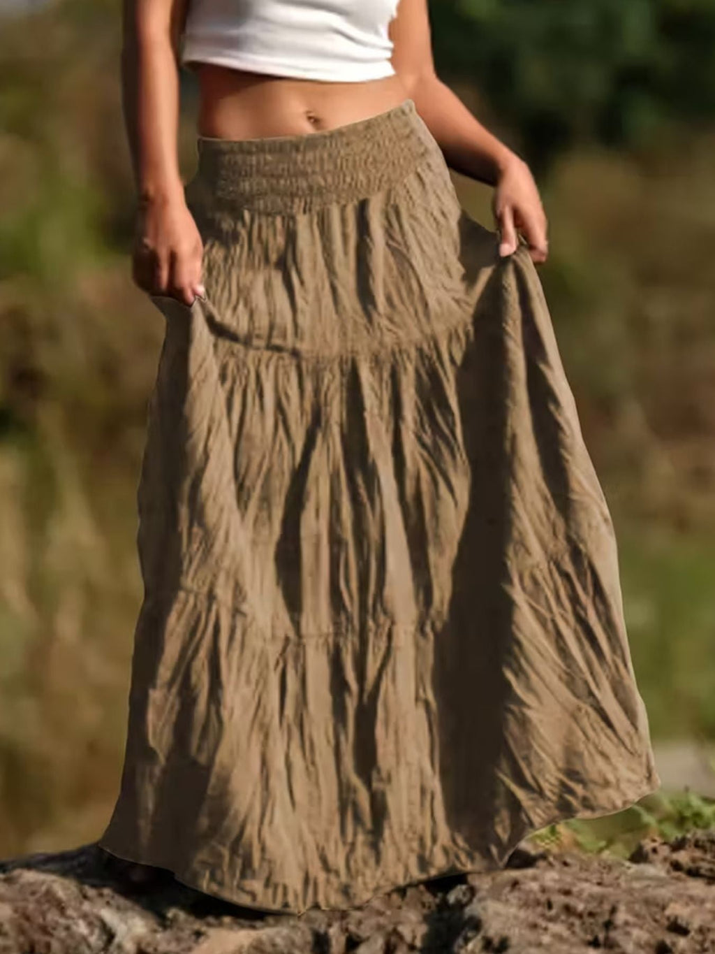 Women Ruched Tiered Maxi Skirt Bohemian Style Flowy Long Skirt