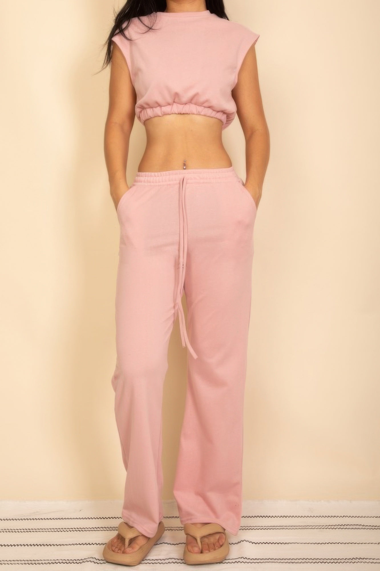 Elastic Hem Crop Top & Wide Leg Pants Set With Faux Drawstring