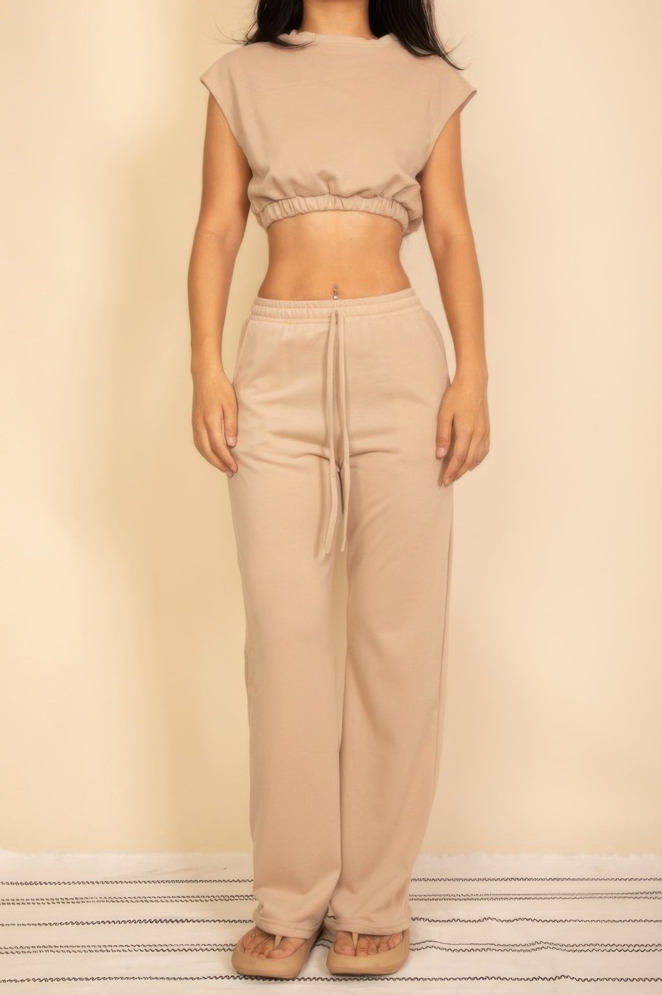 Elastic Hem Crop Top & Wide Leg Pants Set With Faux Drawstring
