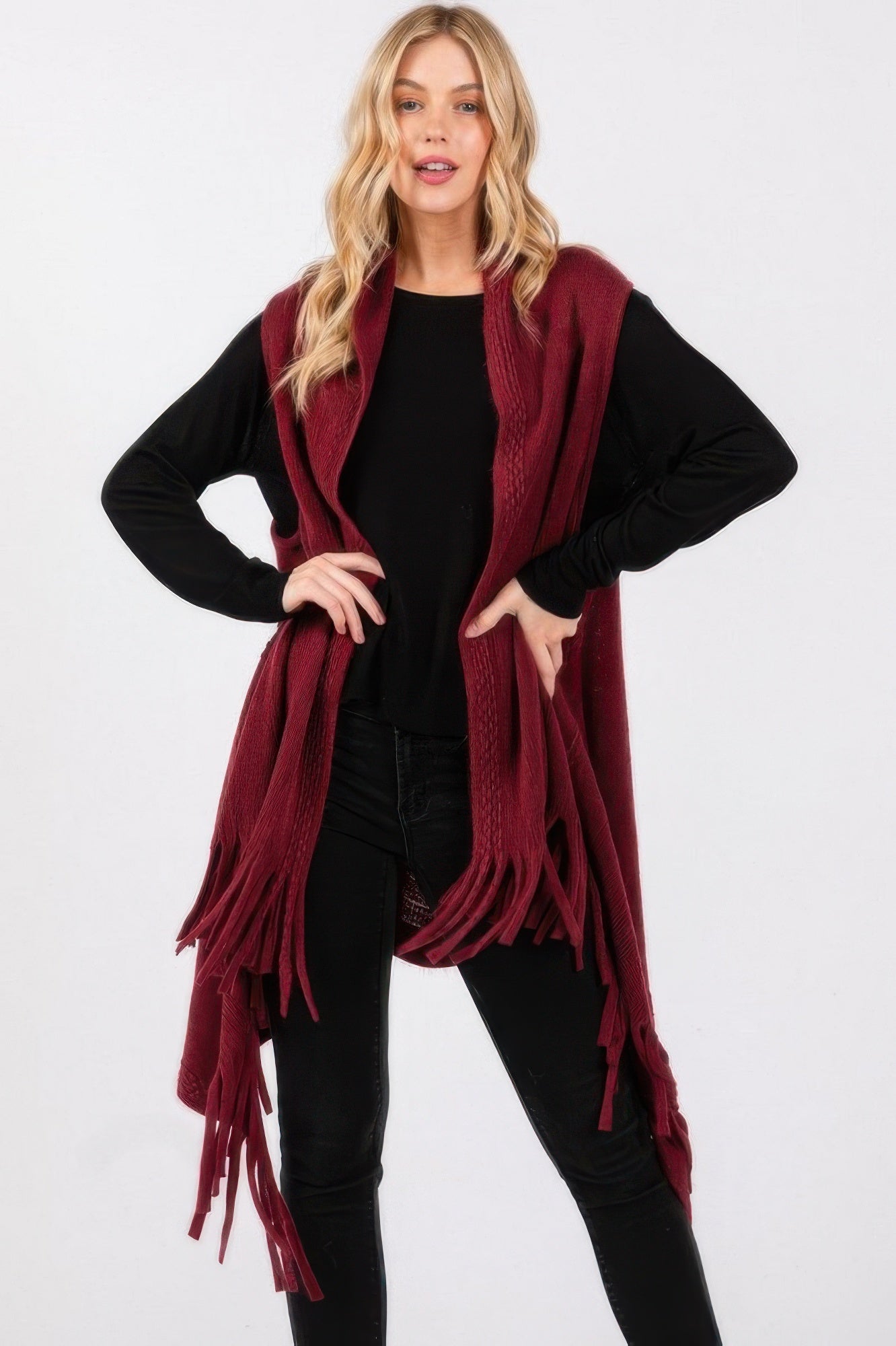 Embossed Dotted Line Tassel Knit Vest