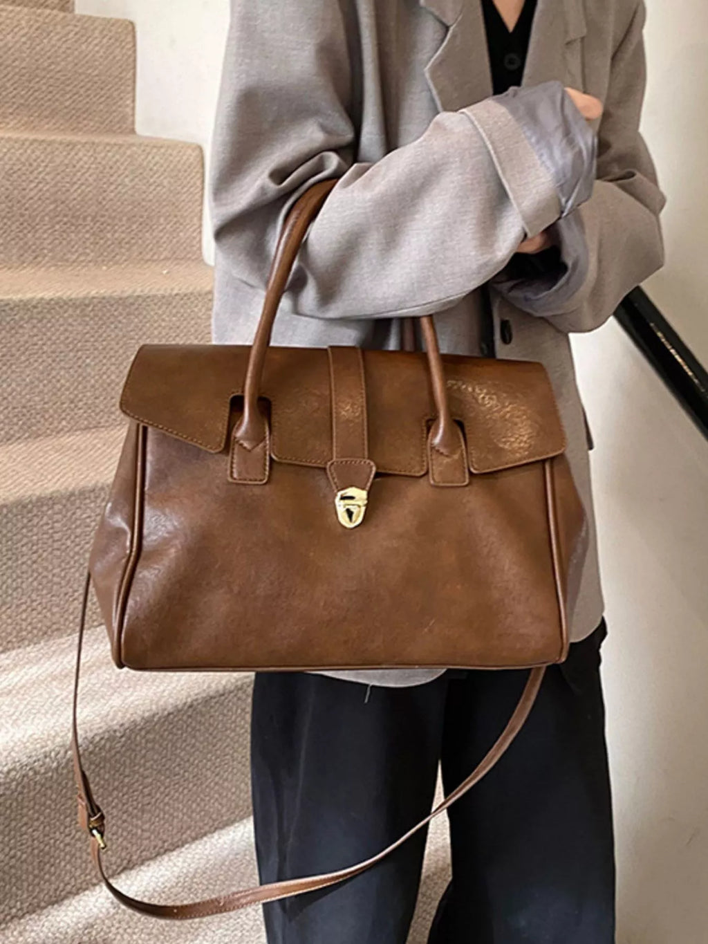 Large Black PU Leather Satchel Bag with Gold Tone Buckle Detail