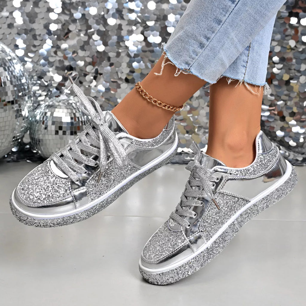 Women's Sequin Lace Up Sneakers - Gold, Silver & Champagne