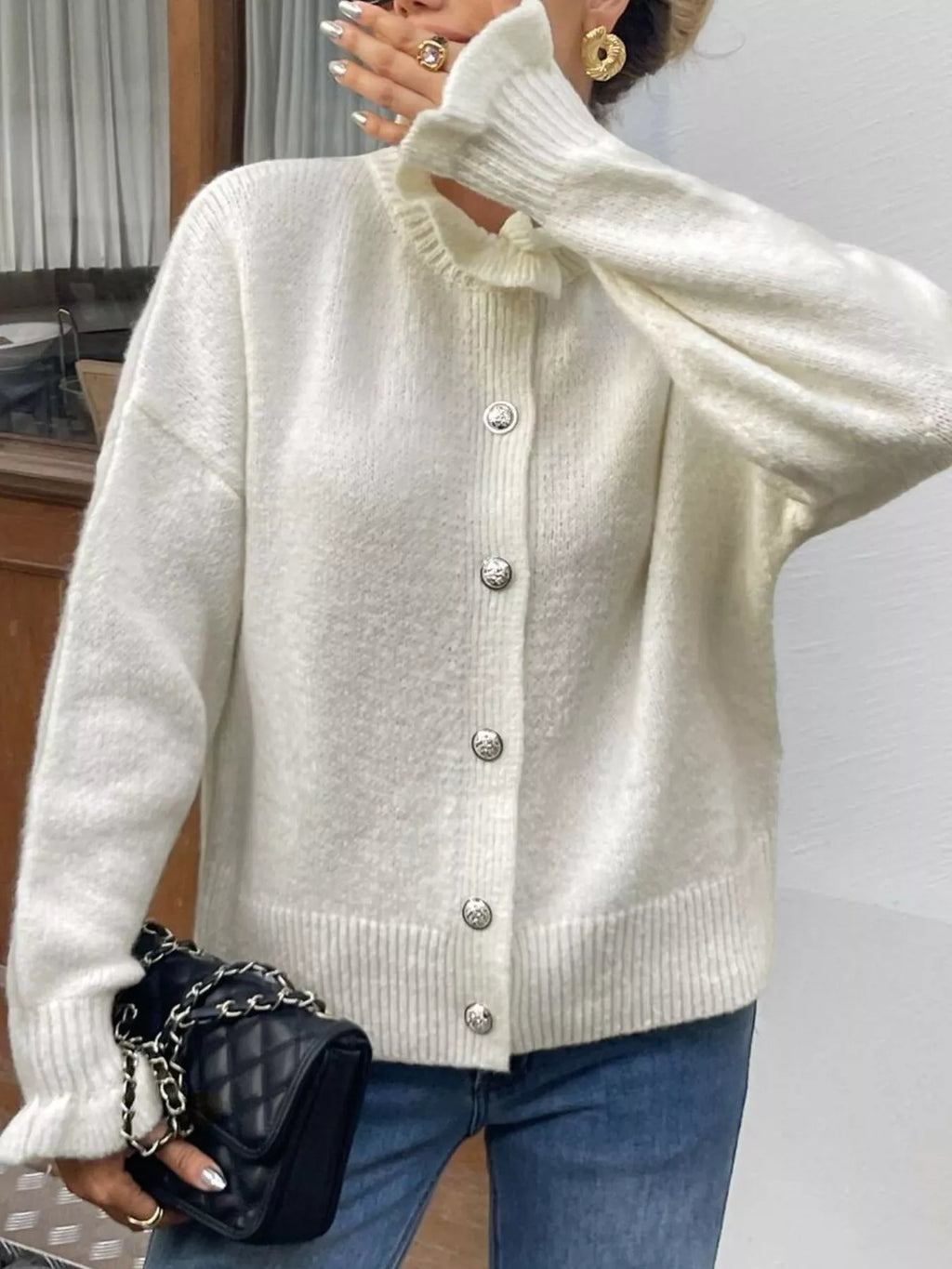 White Ribbed Ruffle Neck Button-Down Long Sleeve Cardigan