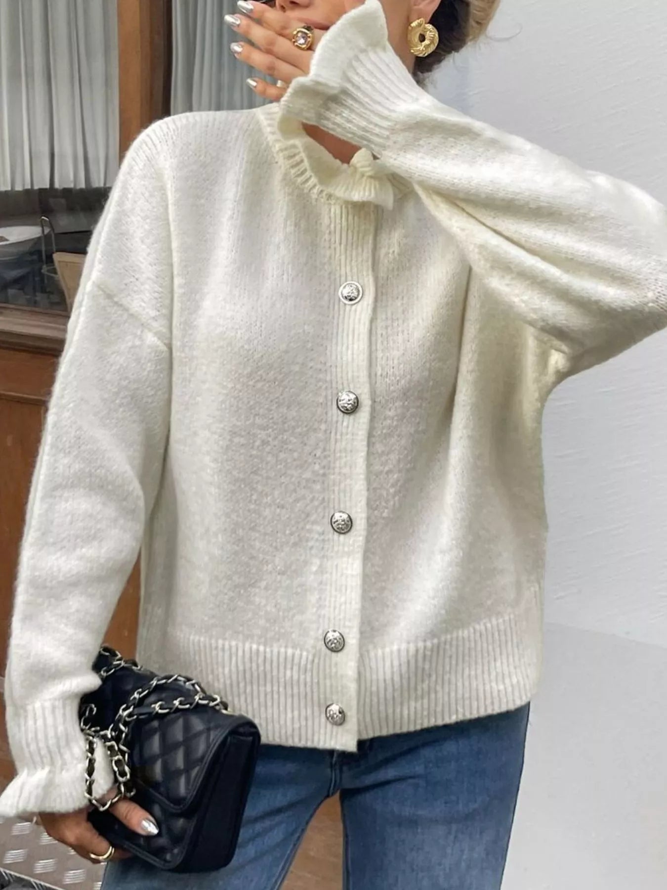 White Ribbed Ruffle Neck Button-Down Long Sleeve Cardigan
