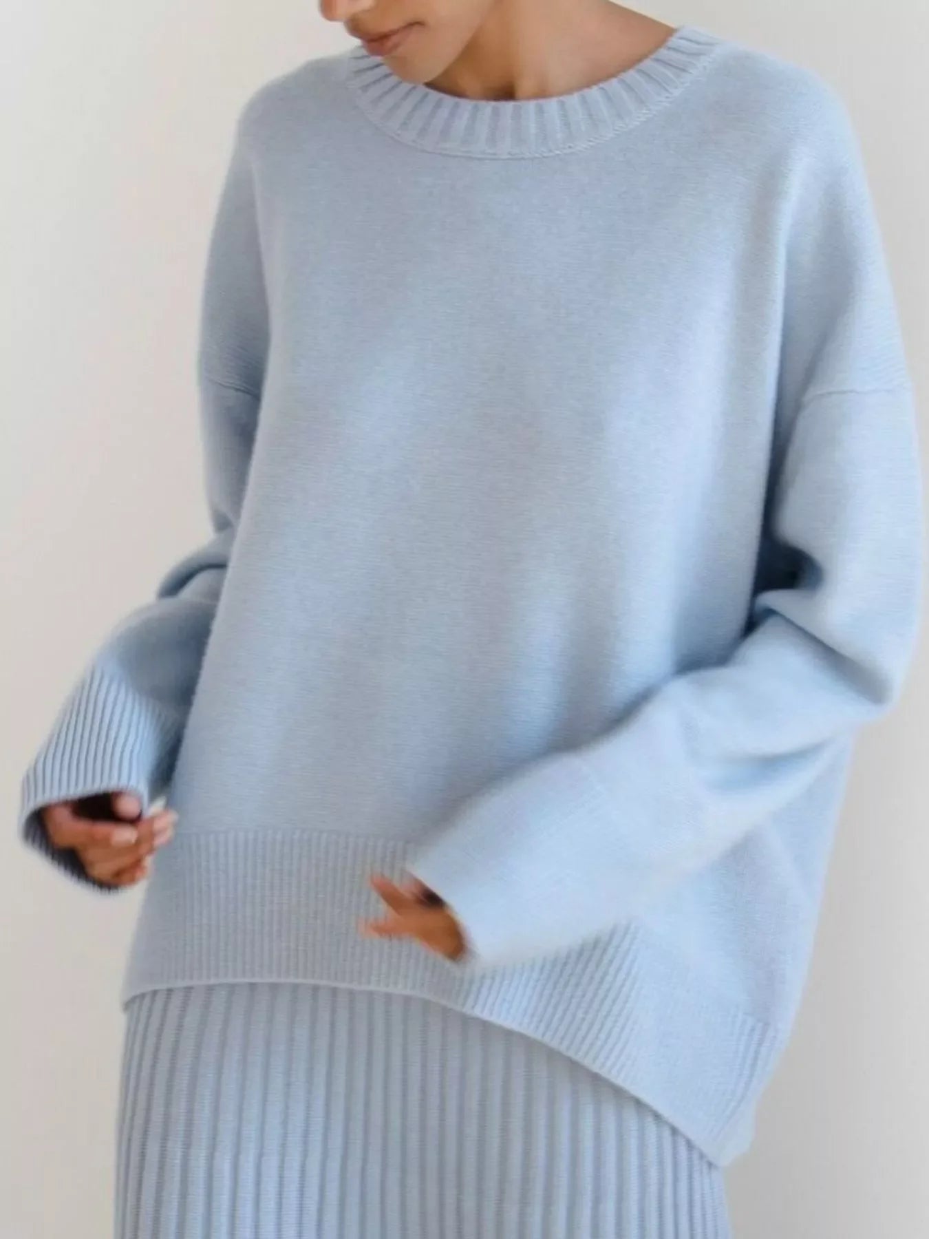 Women's Royal Blue Round Neck Ribbed Hem Long Sleeve Sweater