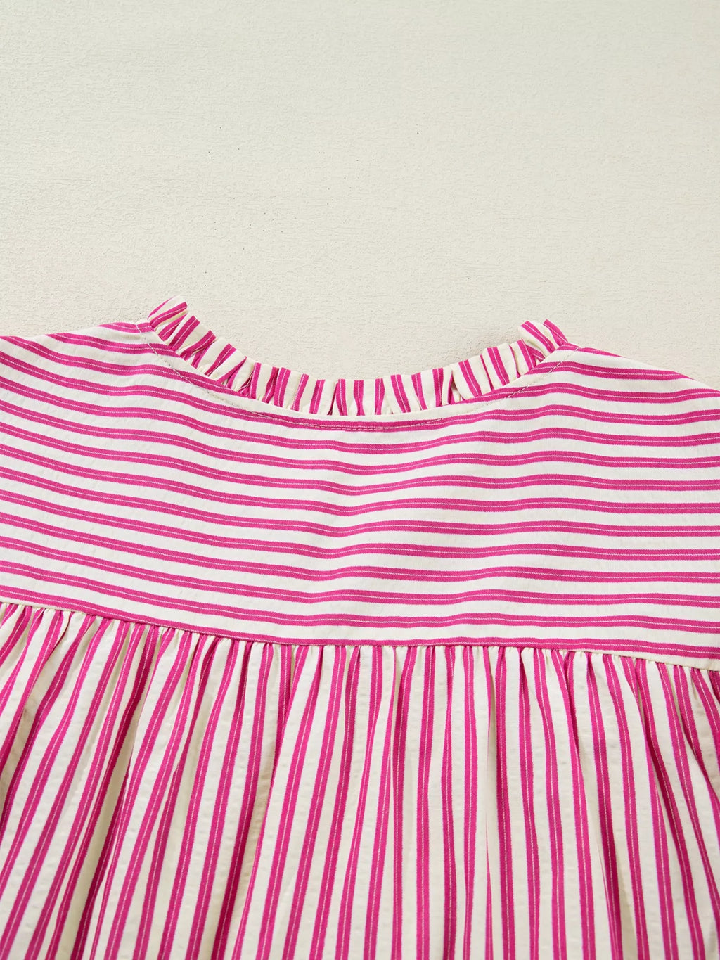 Striped Shirred Yoke Ruffle Sleeve Blouse in Pink and White