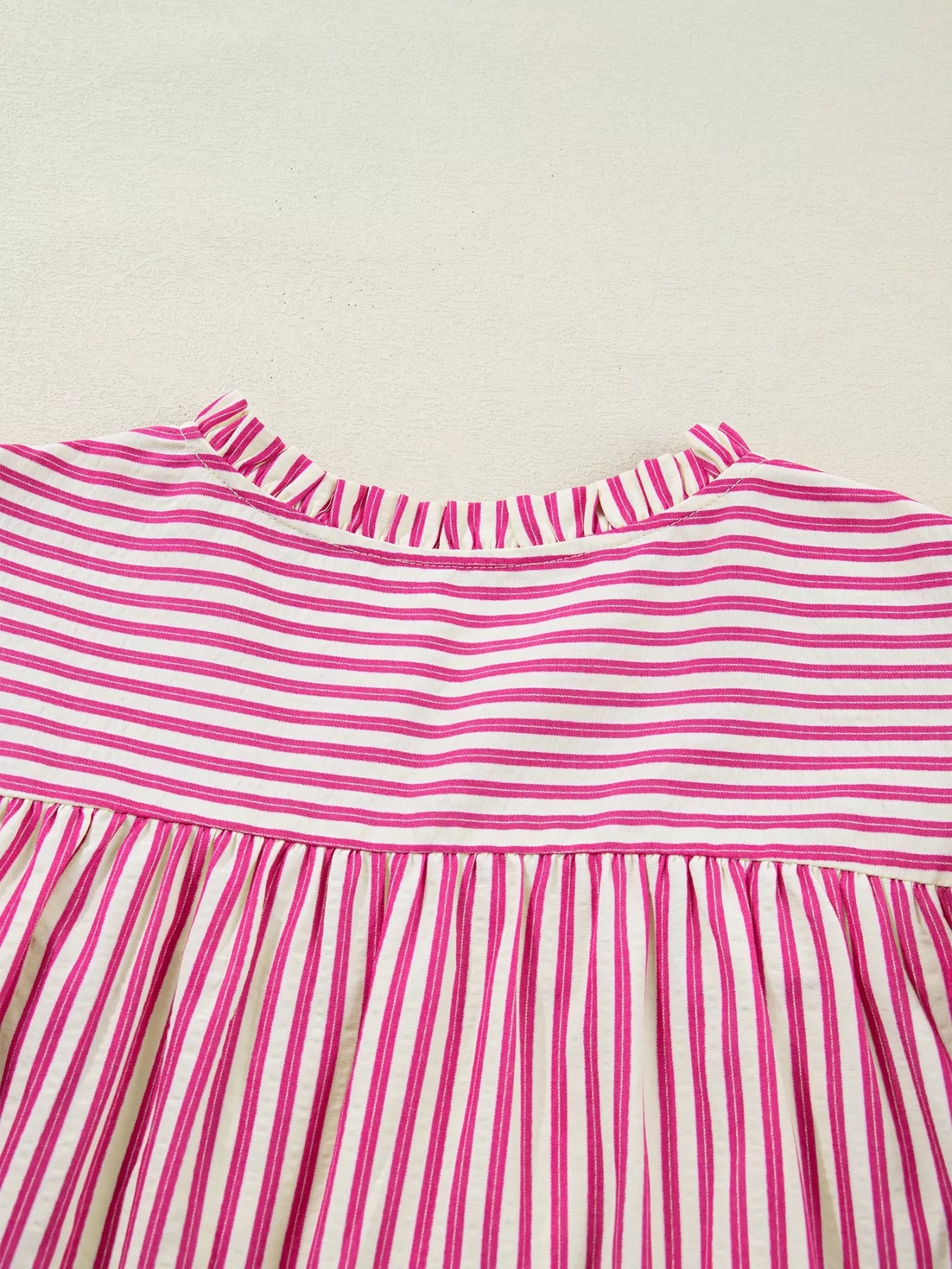 Striped Shirred Yoke Ruffle Sleeve Blouse in Pink and White