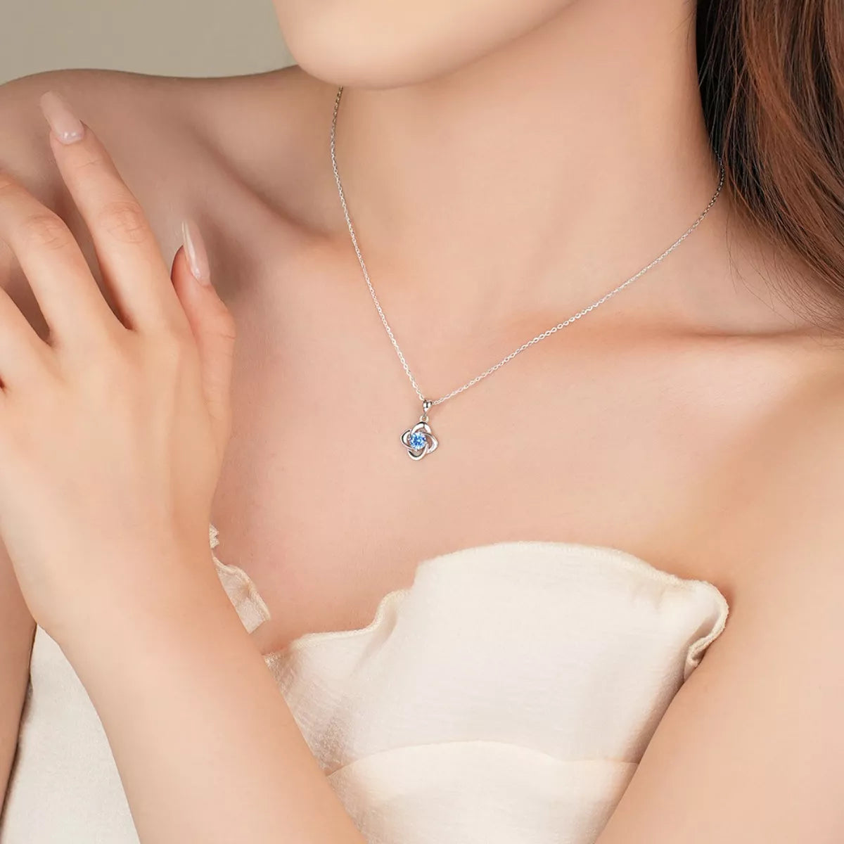 Four-Leaf Clover Pendant Necklace in Silver-Tone with Blue Stone