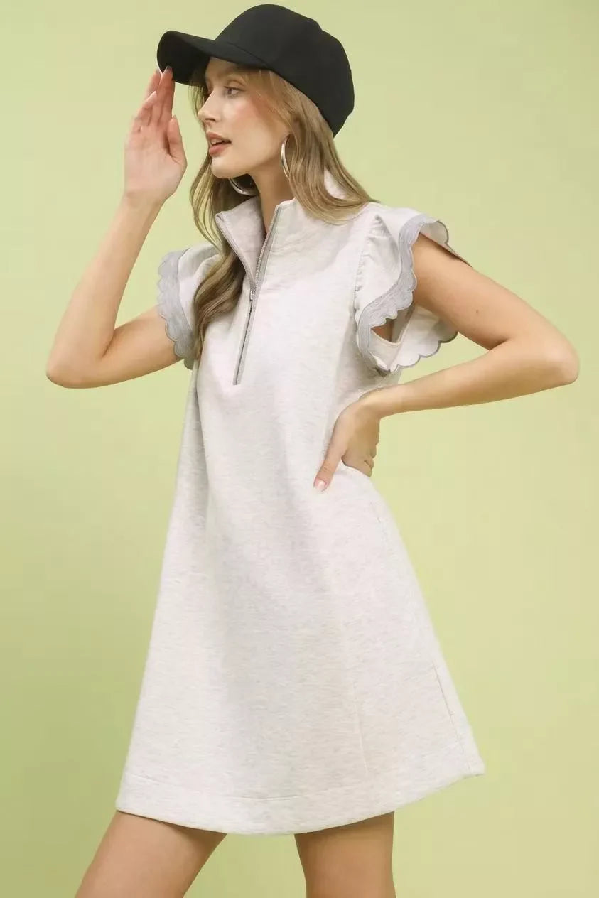 H. White Zip-Neck Flutter Sleeve Dress with Pockets