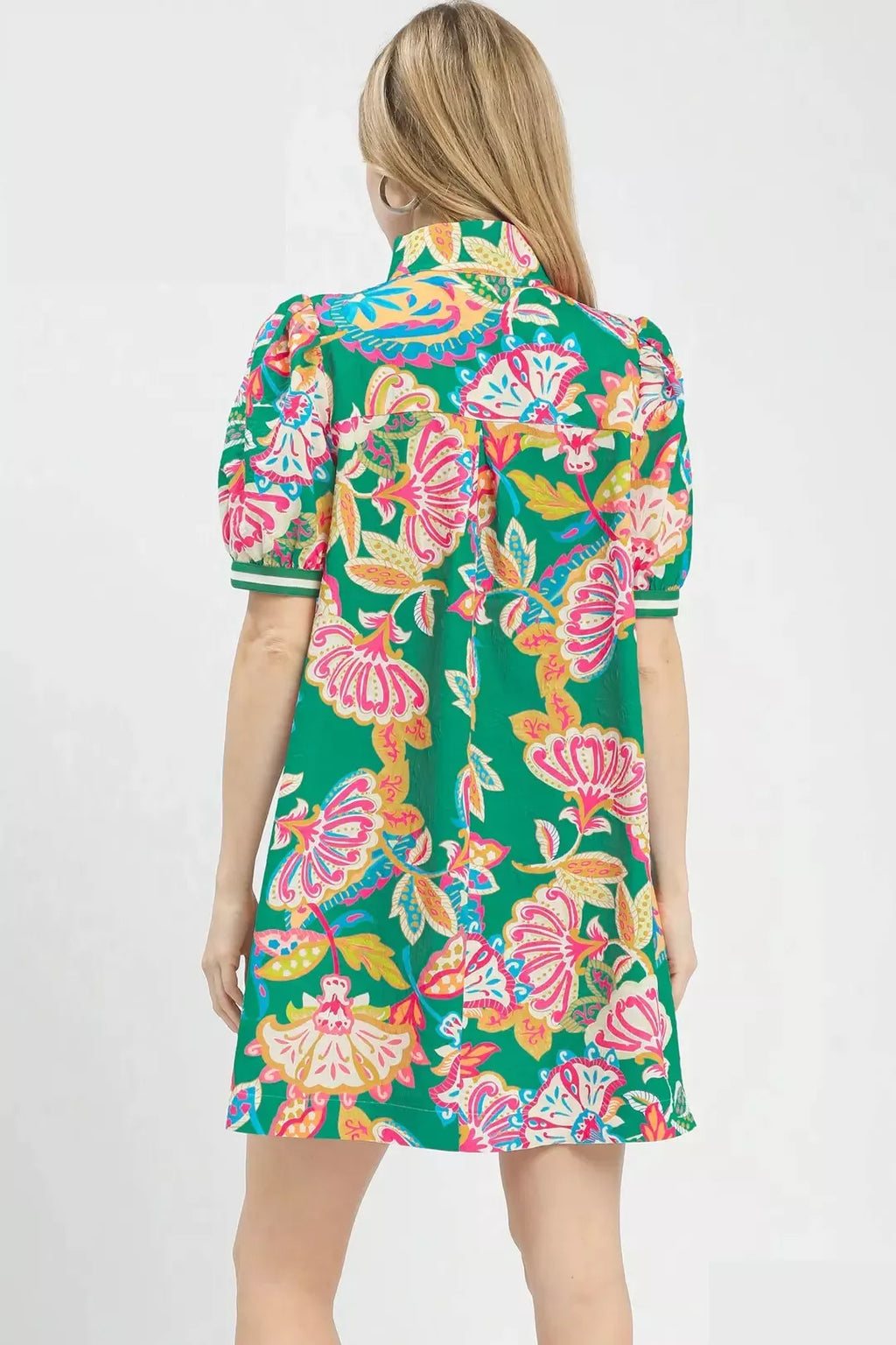 Emerald Jacquard Paisley Puff Sleeve Mini Tunic Dress