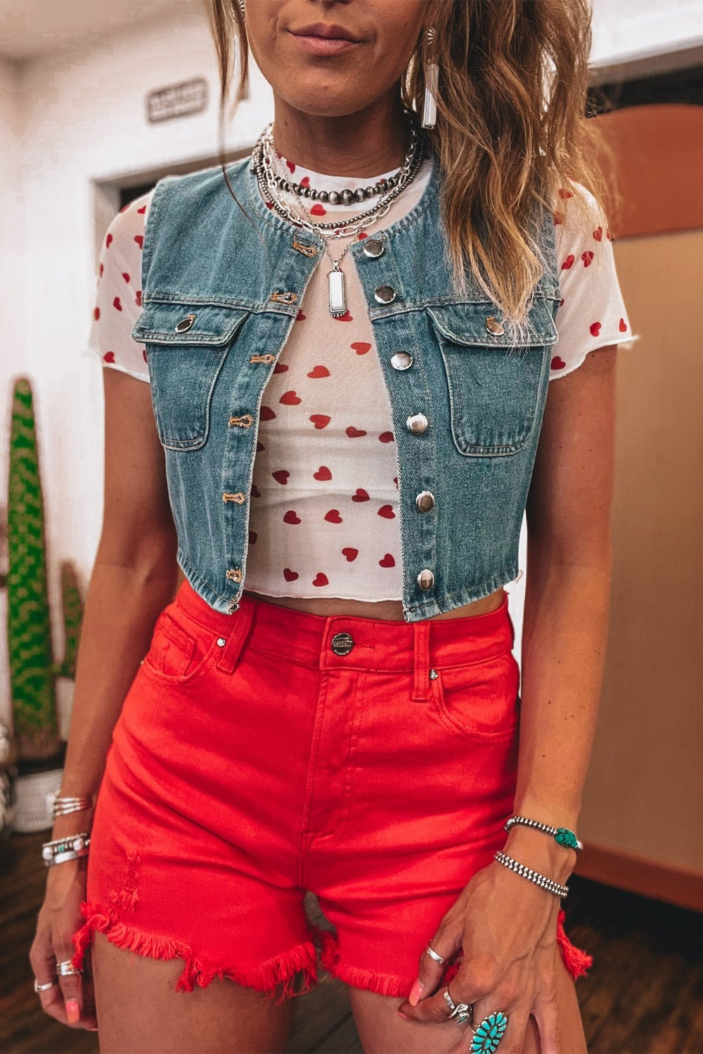 Women's Sheer Heart Print Fitted T-Shirt Short Sleeve Casual Top