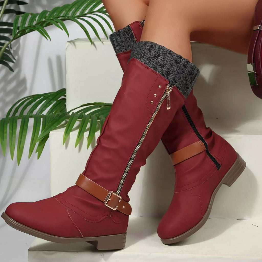 Women Black Suede Mid-Calf Boots with Knit Cuff and Buckle Detail