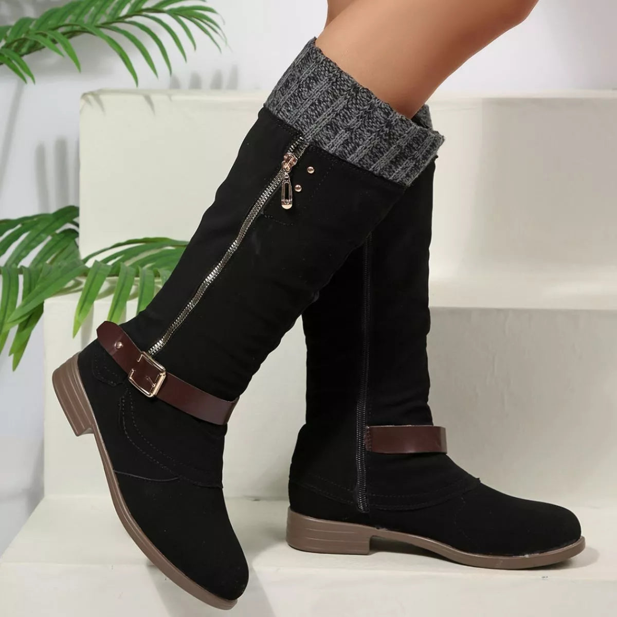 Women Black Suede Mid-Calf Boots with Knit Cuff and Buckle Detail