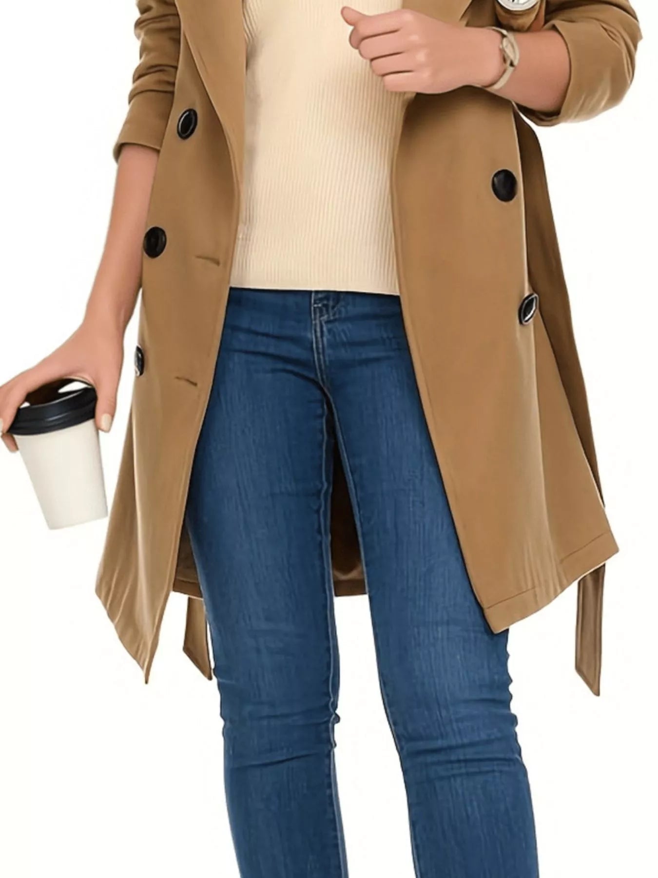 Women's Olive Double Breasted Belted Coat with Long Sleeves