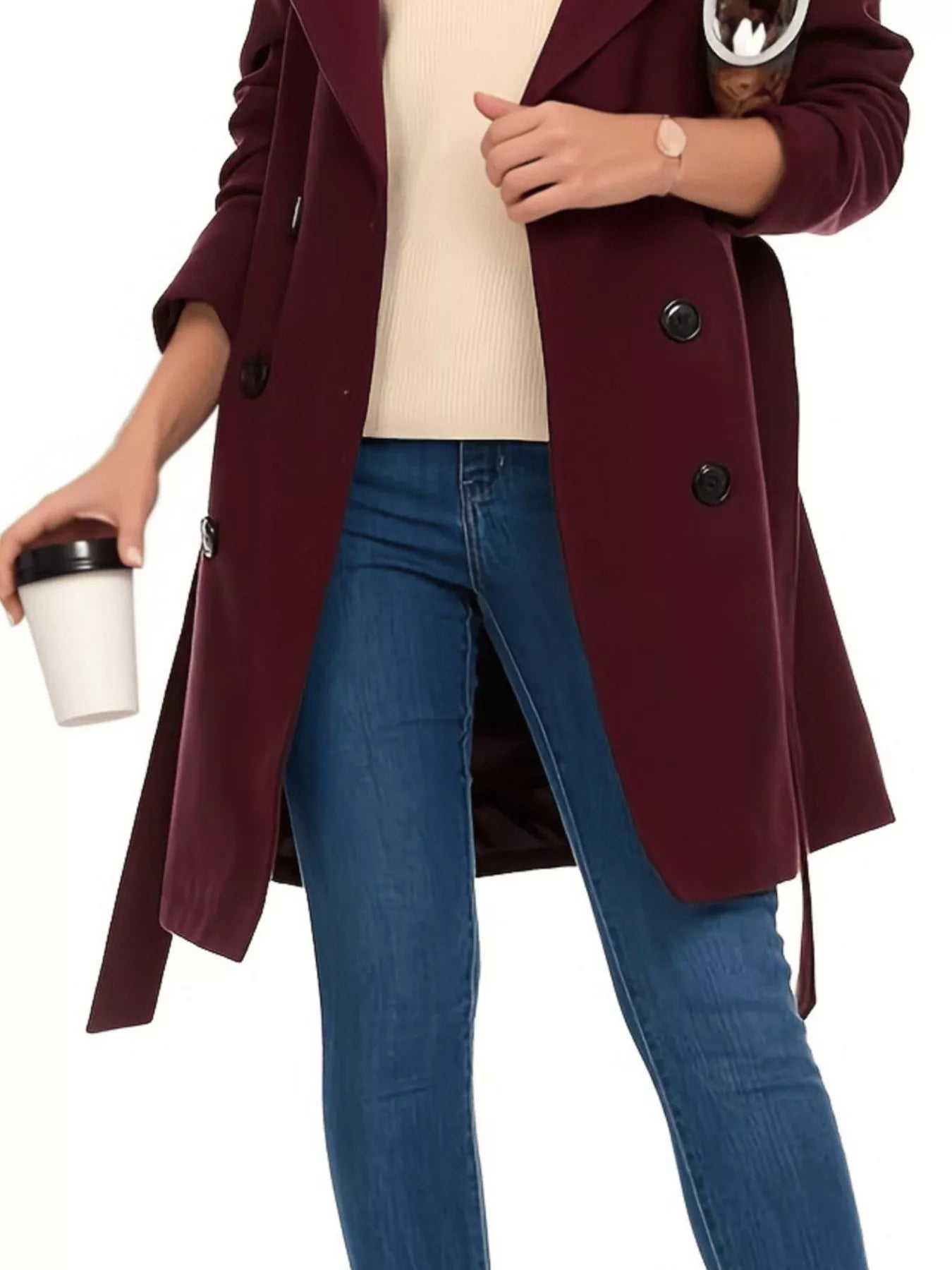 Women's Olive Double Breasted Belted Coat with Long Sleeves