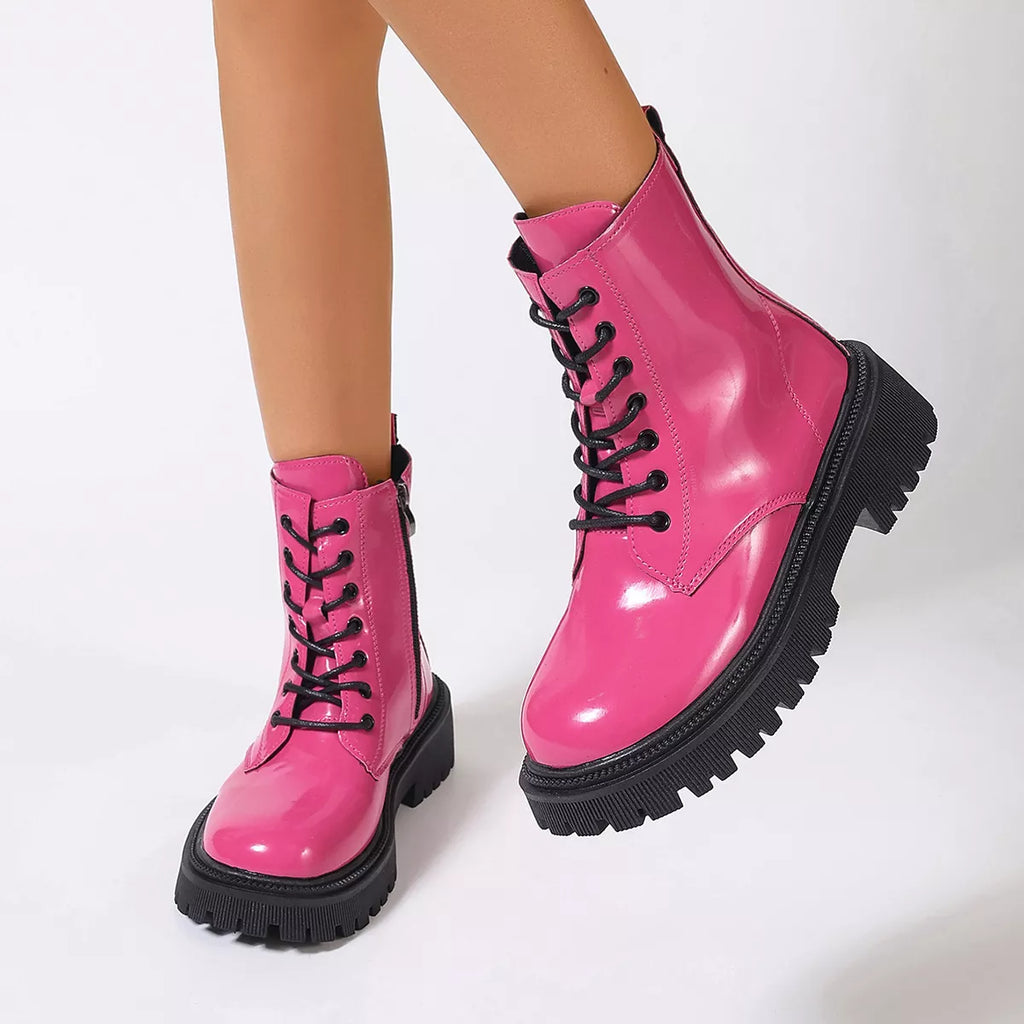 Women's Lace-Up Platform Combat Boots in Fuchsia or Green