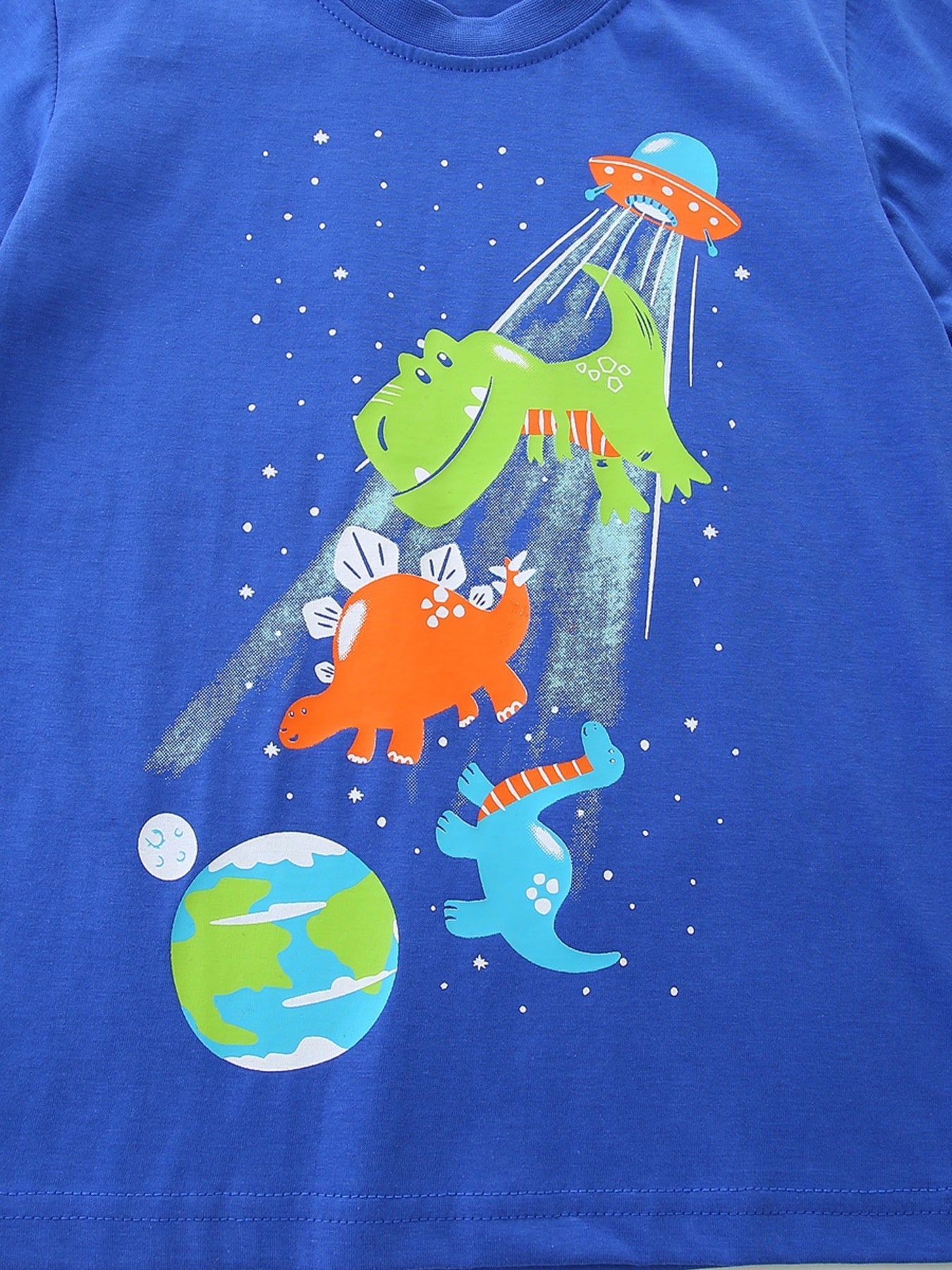 Boys Blue Short Sleeve Dinosaur and UFO Graphic Cotton T-Shirt