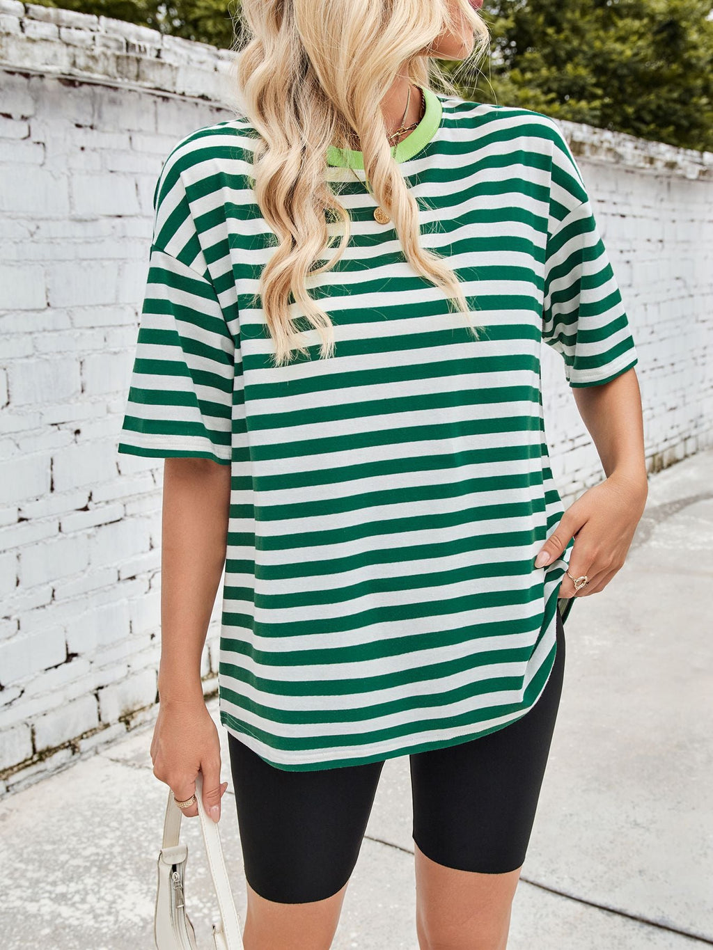 Women Striped Round Neck Half Sleeve Casual Oversized T-Shirt