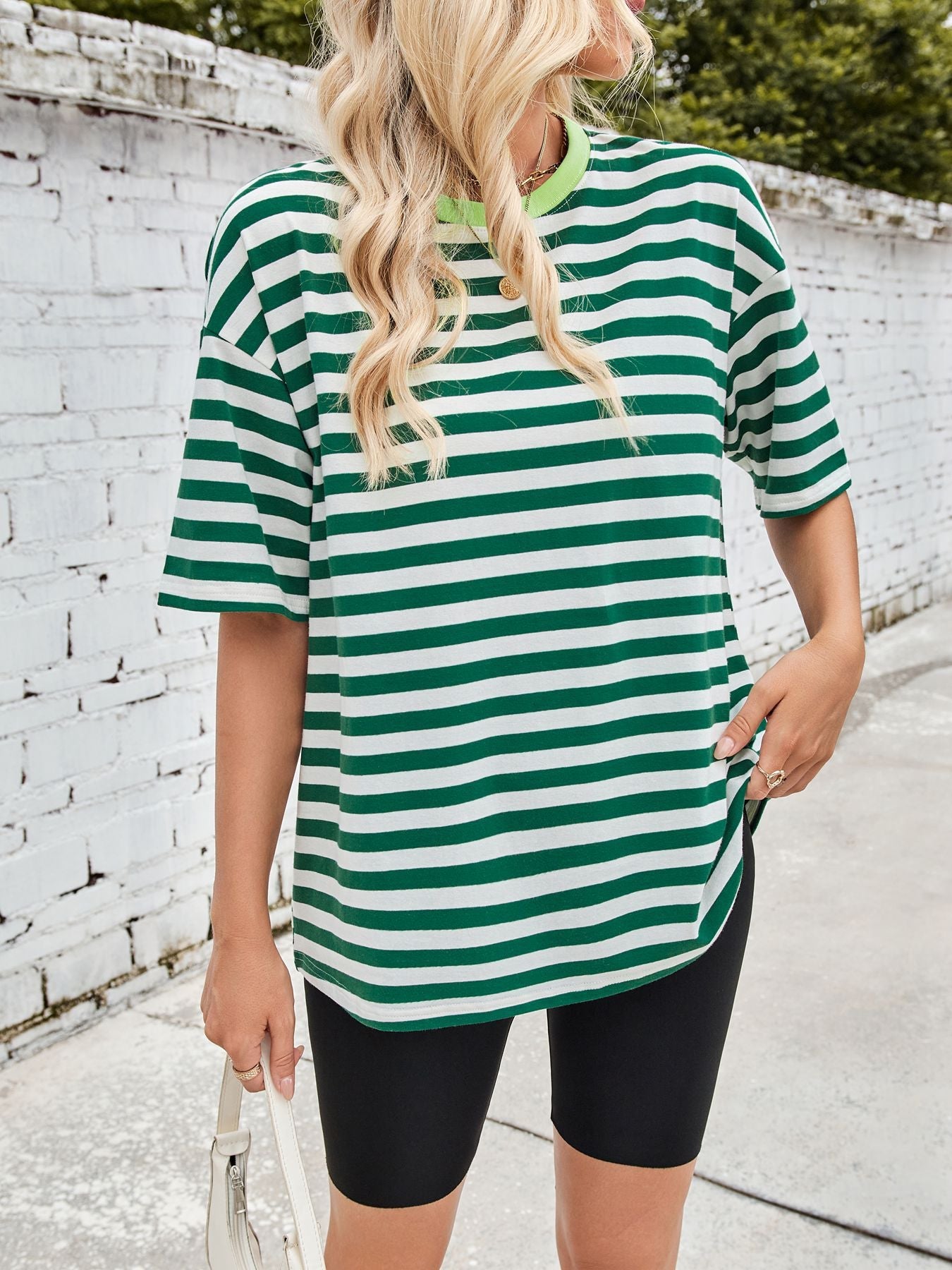 Women Striped Round Neck Half Sleeve Casual Oversized T-Shirt