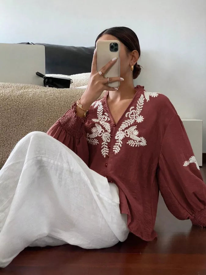 Women's Embroidered White Long Sleeve Notched Collar Blouse