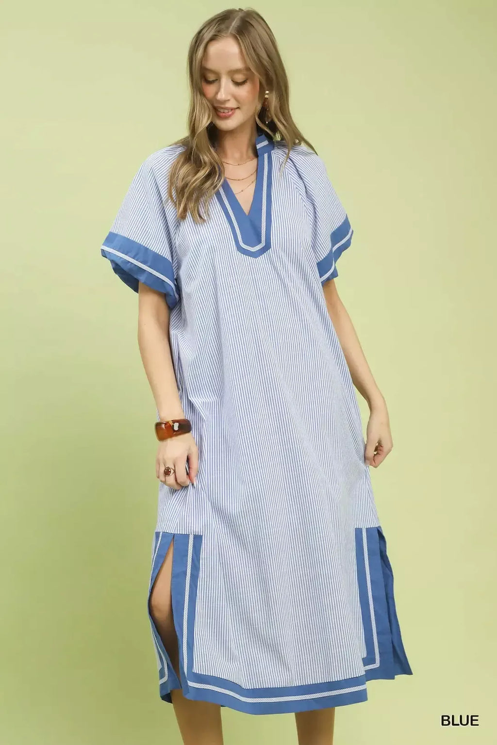 Blue Pinstripe Contrast Trim Midi Dress with Split V-Neck
