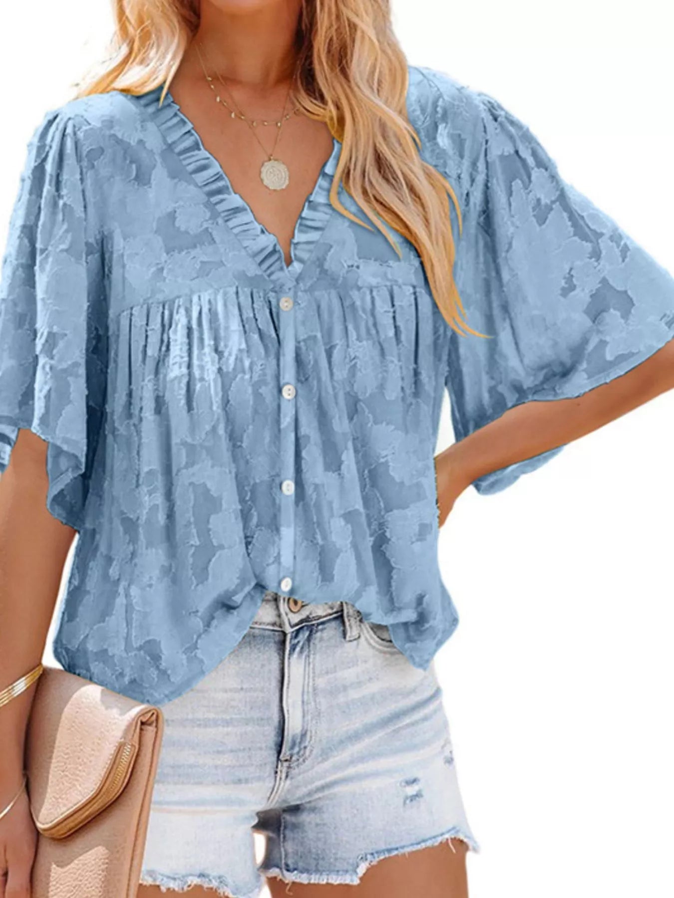 Full Size Textured V-Neck Button-Down Shirt Plus Size