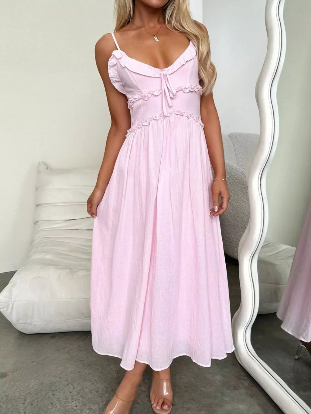 Light Pink Ruffled Spaghetti Strap Midi Dress