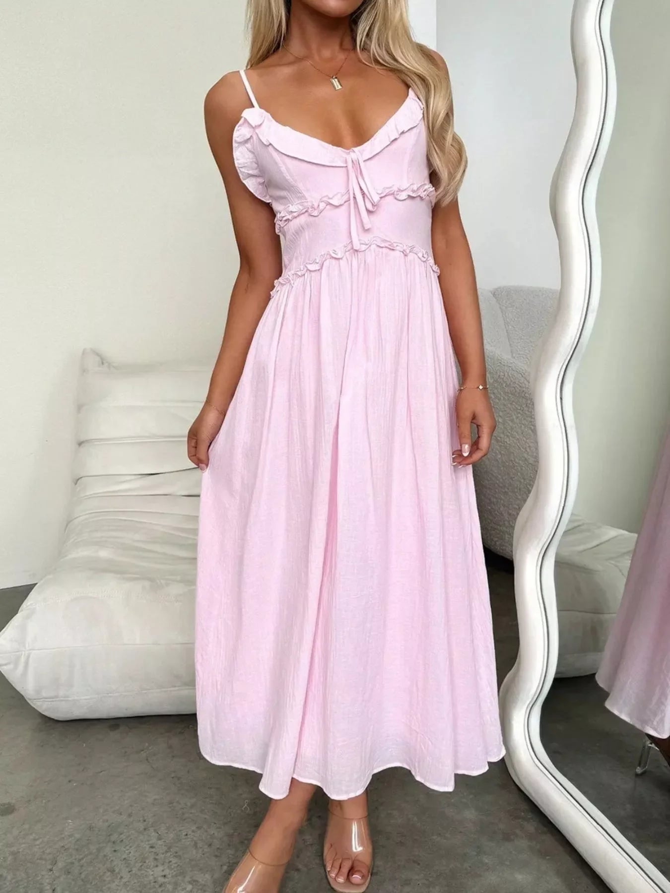 Light Pink Ruffled Spaghetti Strap Midi Dress