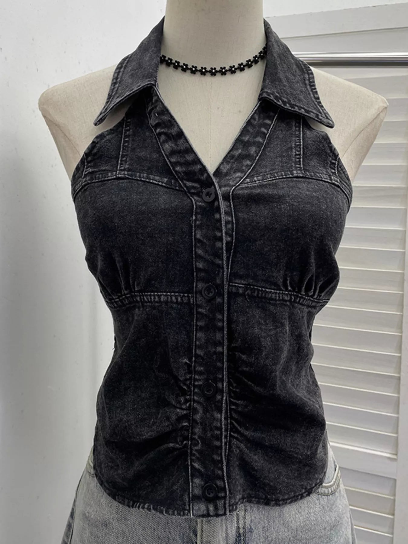 Smocked Denim Halter Collar Top in Blue