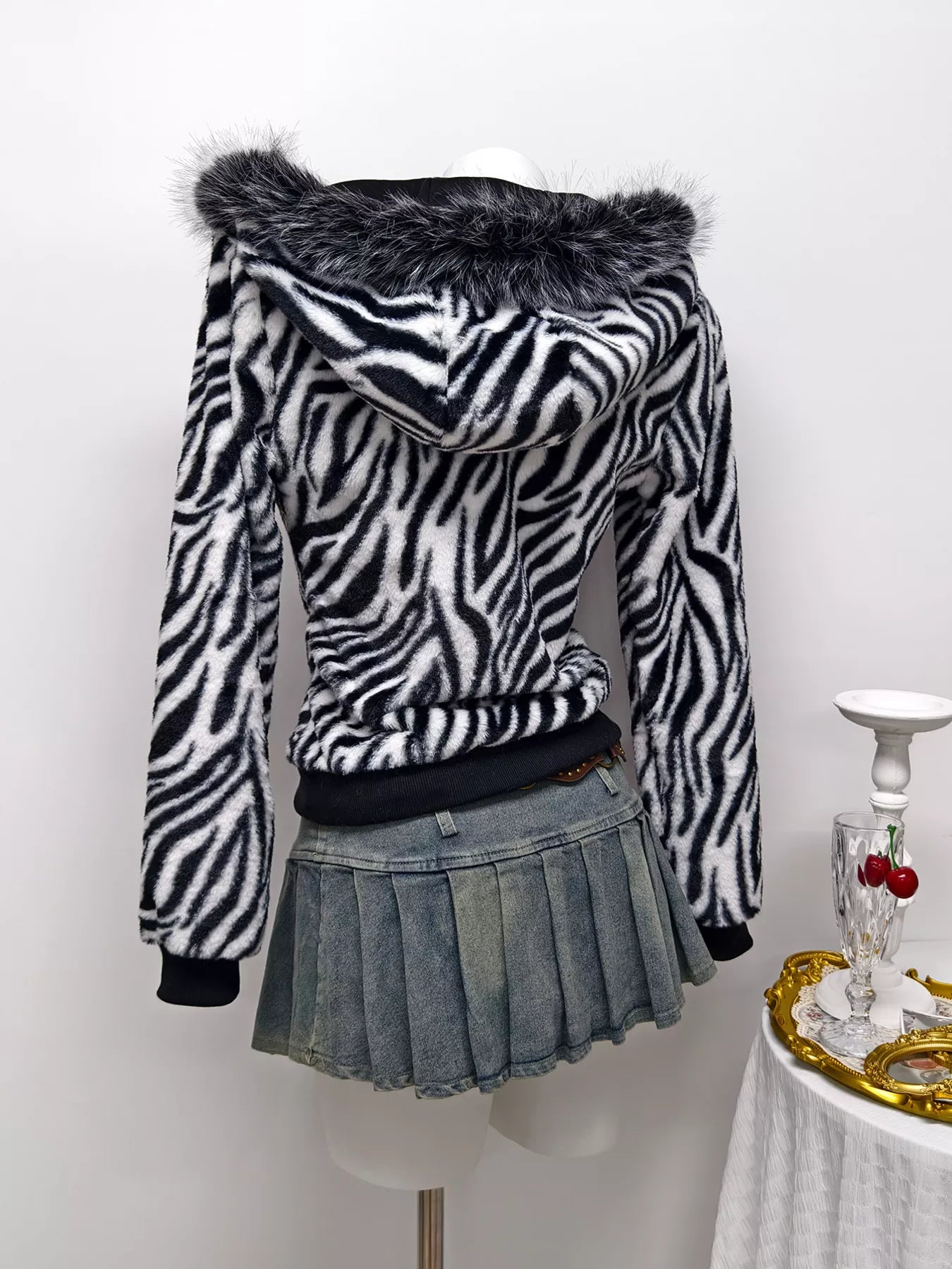 Zebra Faux Fur Hooded Zip-Up Jacket