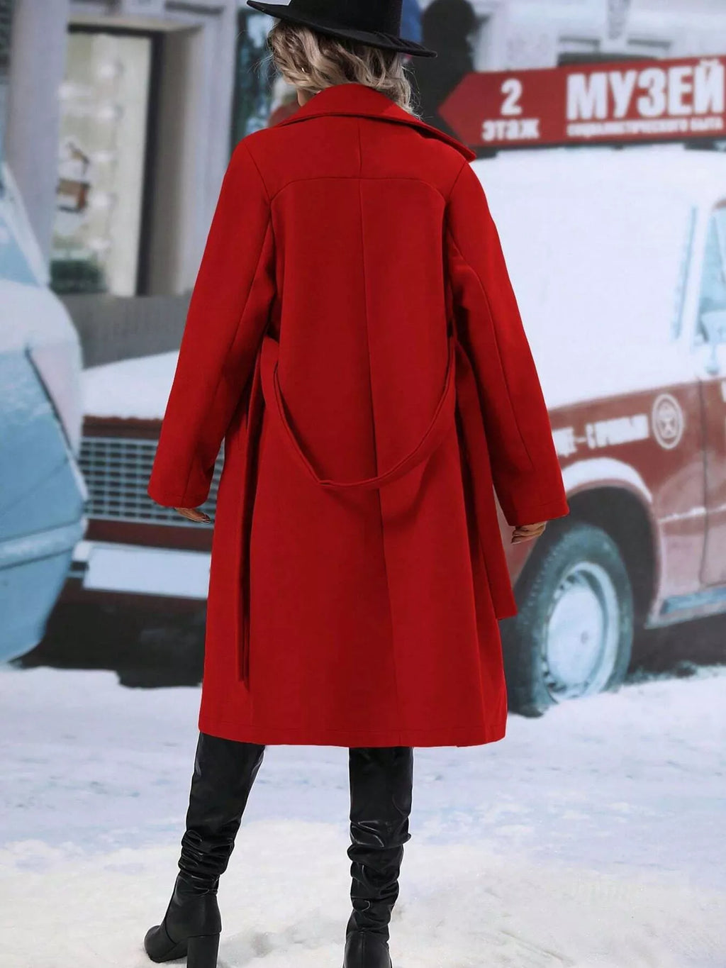 Women's Red Double-Breasted Lapel Collar Belted Long Overcoat