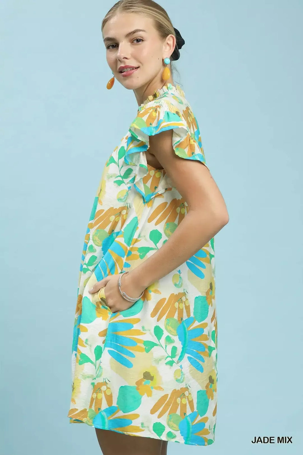 Jade Mix Ruffled Botanical Mini Dress with Flutter Sleeves