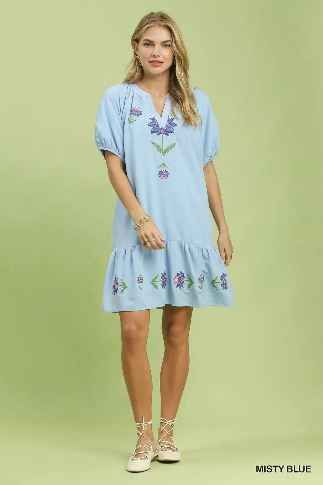 Misty Blue Floral Embroidered Puff Sleeve Babydoll Mini Dress