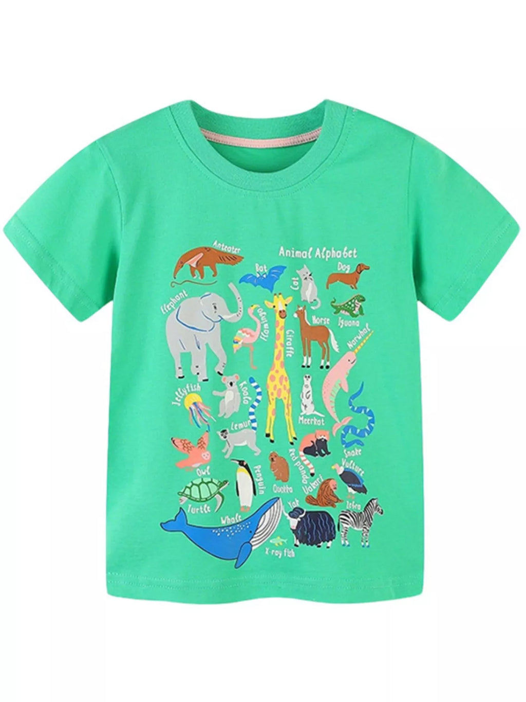 Children's Green Animal Alphabet Graphic Print Cotton T-Shirt