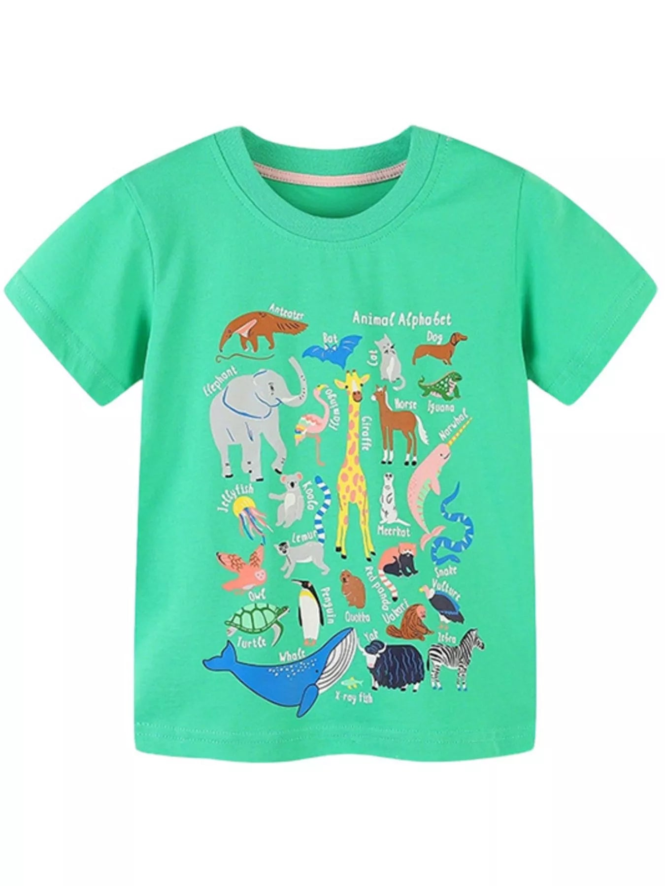 Children's Green Animal Alphabet Graphic Print Cotton T-Shirt