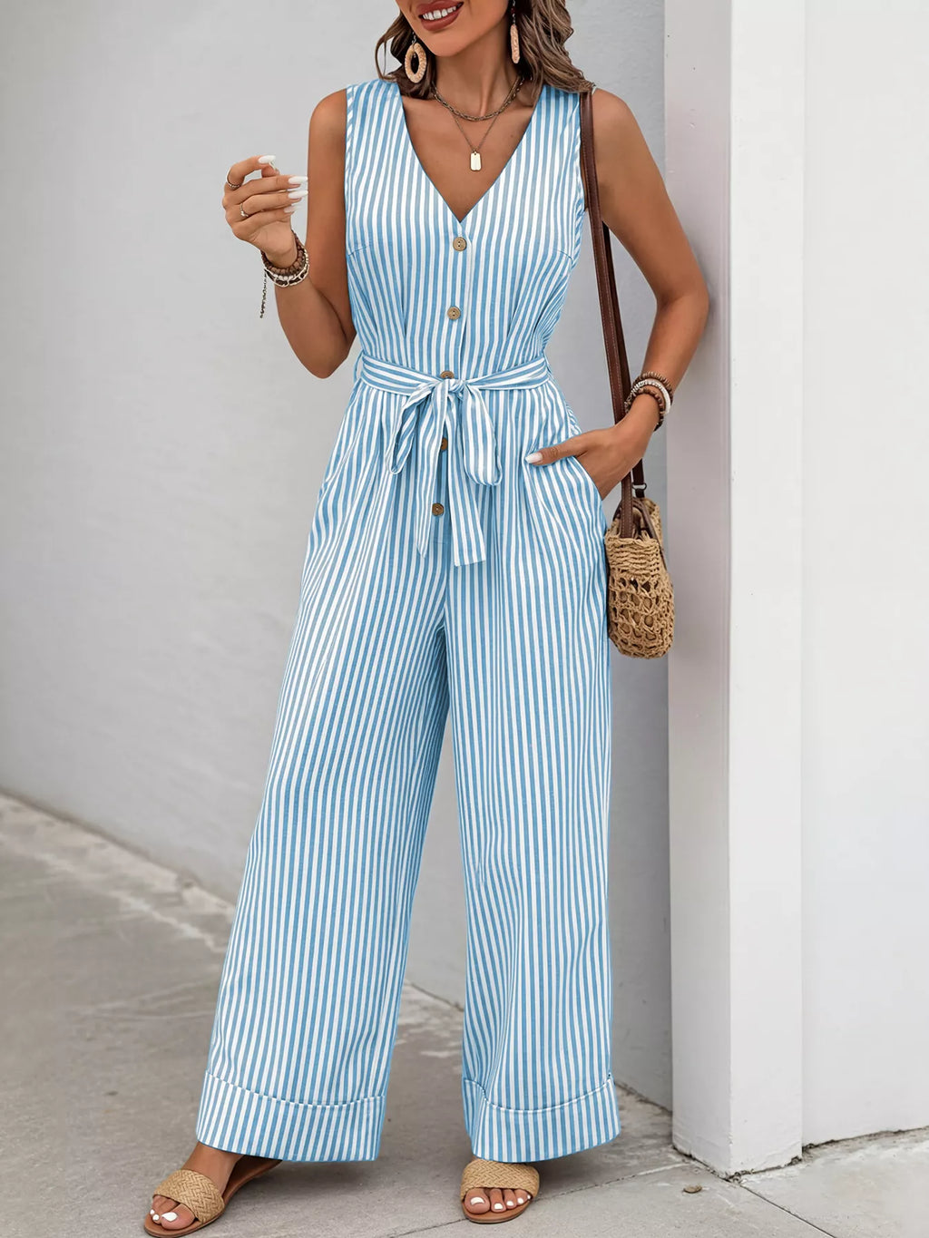 Striped V-Neck Wide Leg Jumpsuit with Tie Waist and Pockets