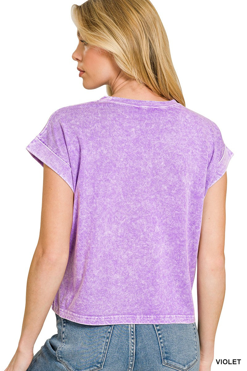 Violet Snow Washed Cotton Cuffed Short Sleeve Pocket T-Shirt