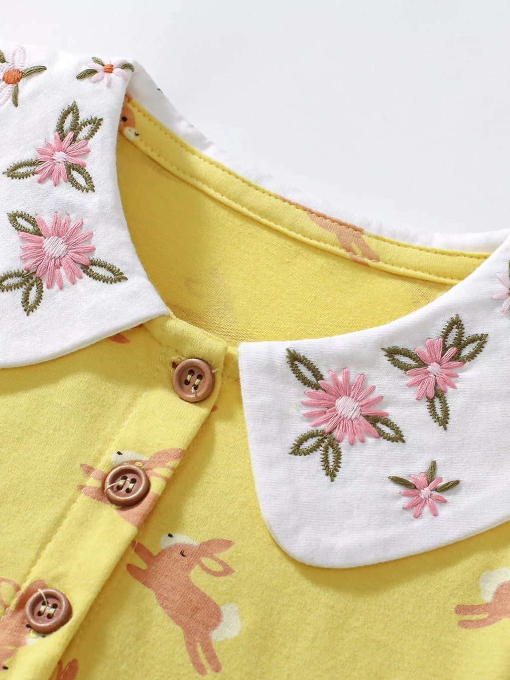 Yellow Bunny Print Peter Pan Collar Cotton Dress for Girls