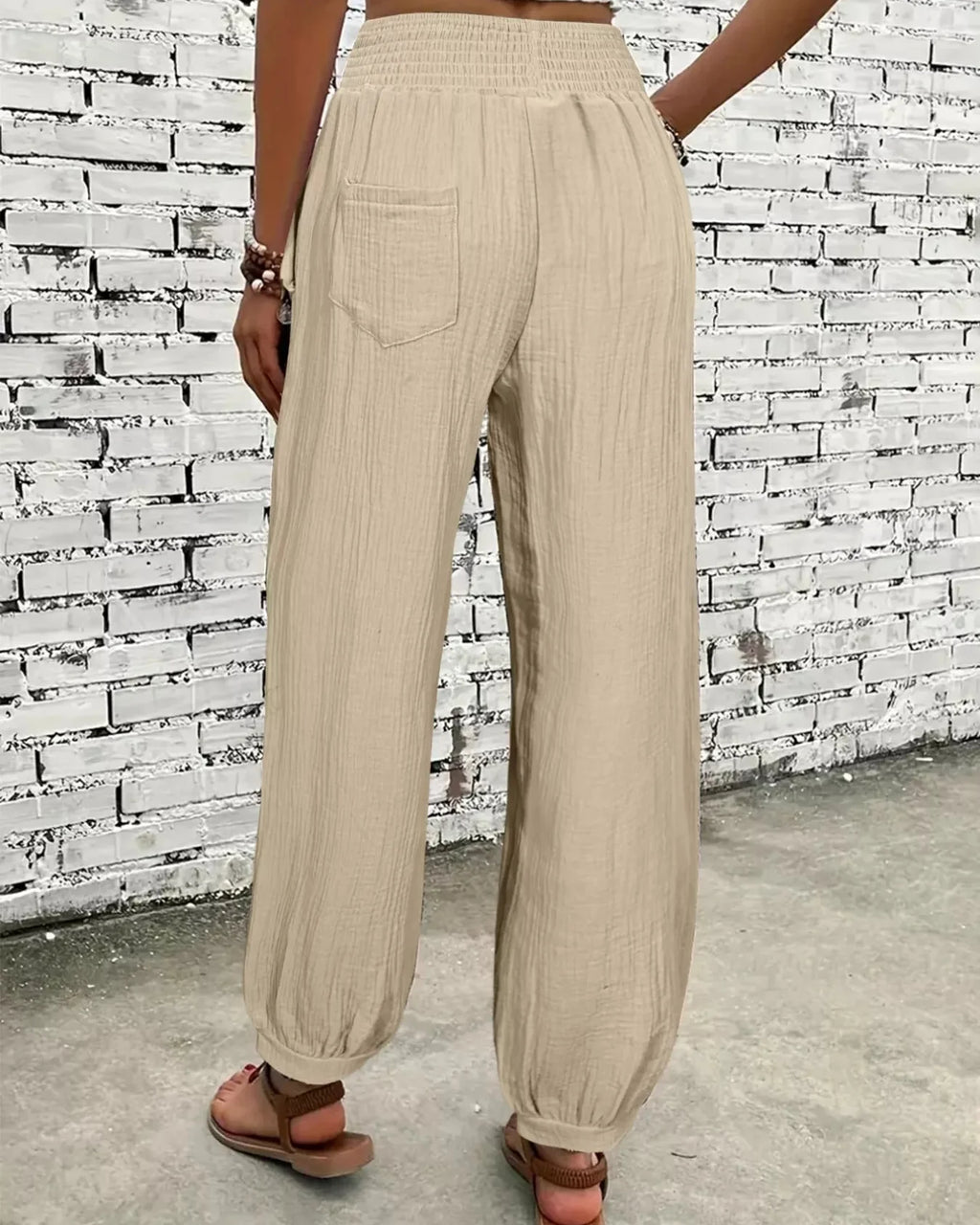 Women's Beige Textured Smocked Waist Casual Pants with Pockets